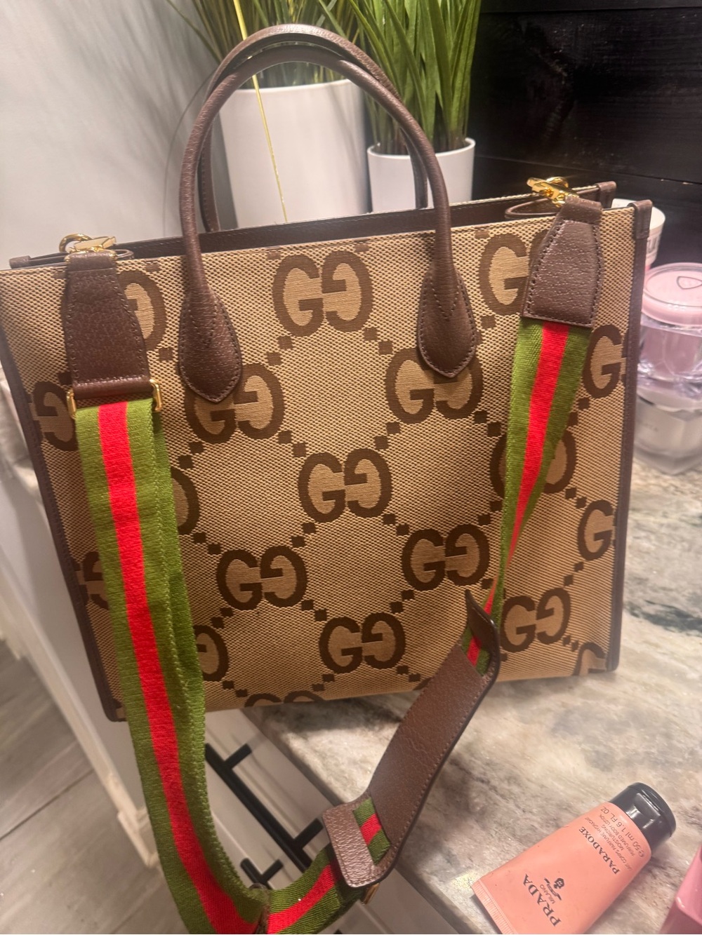 Gucci Brown GG Canvas Messenger Bag with Green & Red Web Strap